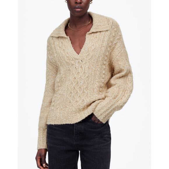NWT MADEWELL Cotton-Merino Wool Blend Cable-Knit Sweater Sand Tan XXS - Picture 1 of 6